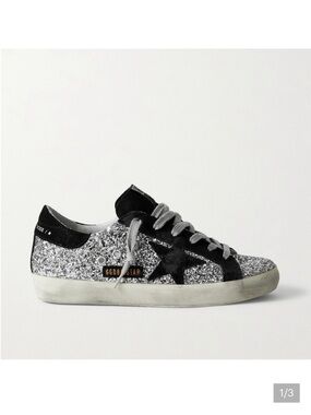 Golden Goose Silver Glitter Sneaker with Black Star and Trim